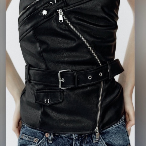 Zara Black motorcycle Strapless Faux  Leather Top - Picture 3 of 3